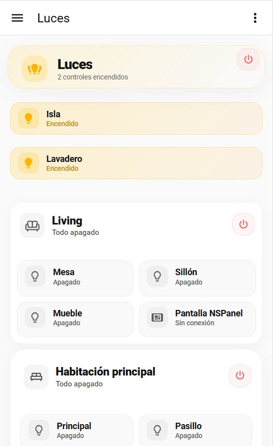 Dashboard real de iluminación en mobile
