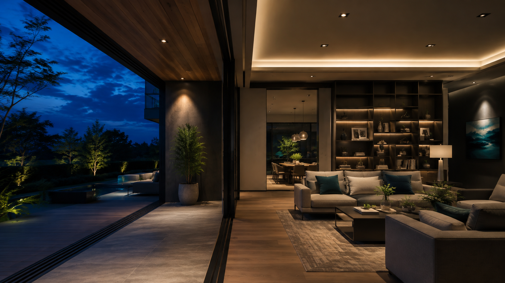 Living moderno con iluminación ambiental al atardecer